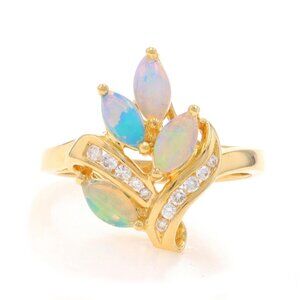 Yellow Gold Opal Diamond Cluster Cocktail Ring - 18k Marquise Cabochon .52ctw